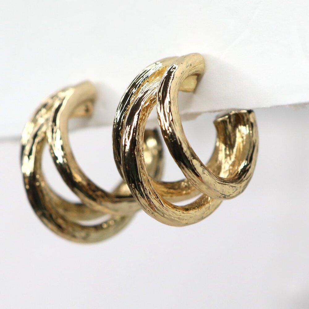 Triple Hoop Huggie  Earrings Gold Grooved Textured Chunky Crossover Modern